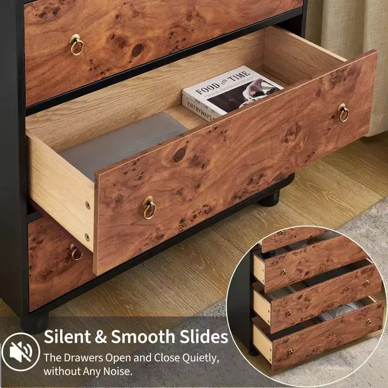 Commode à 5 tiroirs en bois de chêne naturel, avec design incurvé et boutons ronds vintage, rangement multi-pièces
