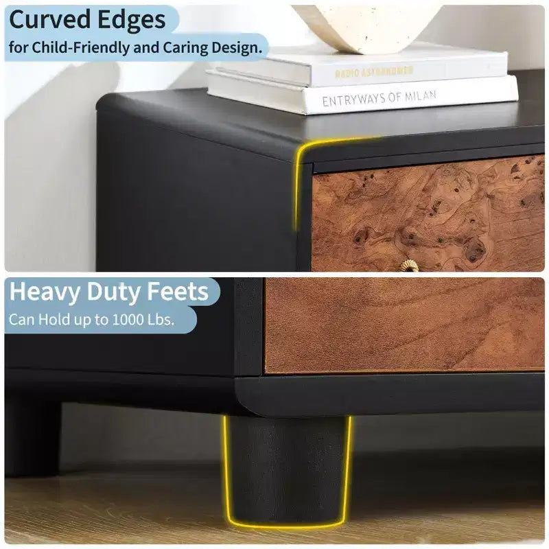 Commode à 5 tiroirs en bois de chêne naturel, avec design incurvé et boutons ronds vintage, rangement multi-pièces