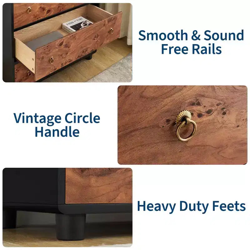 Commode à 5 tiroirs en bois de chêne naturel, avec design incurvé et boutons ronds vintage, rangement multi-pièces
