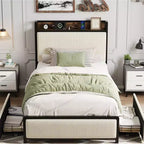 GustoWave Rustic Linen Upholstered Platform Bedframe, Storage Headboard/2 Storage Drawers/Charging Station