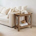 Table d'appoint à 2 niveaux de style ferme avec étagère inférieure, table d'appoint compacte pour le salon et la chambre, table de chevet pour les petits espaces, brun miel