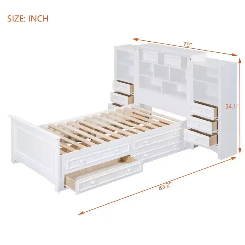 Lit plateforme en bois double avec armoire verticale tout-en-un et 4 tiroirs de chaque côté Blanc