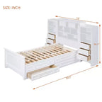 Lit plateforme en bois double avec armoire verticale tout-en-un et 4 tiroirs de chaque côté Blanc