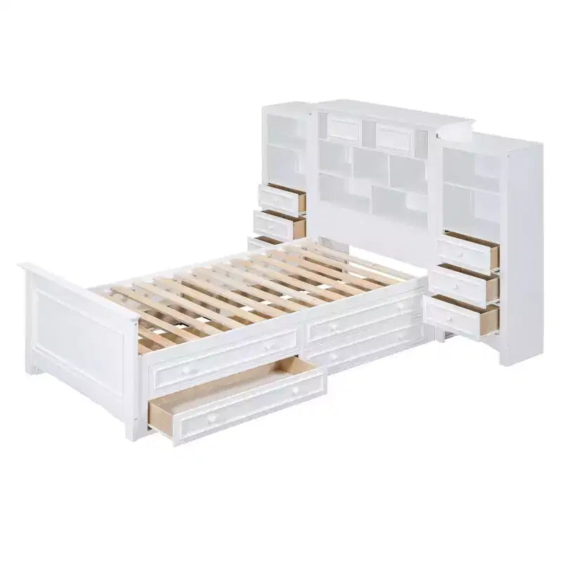Lit plateforme en bois double avec armoire verticale tout-en-un et 4 tiroirs de chaque côté Blanc
