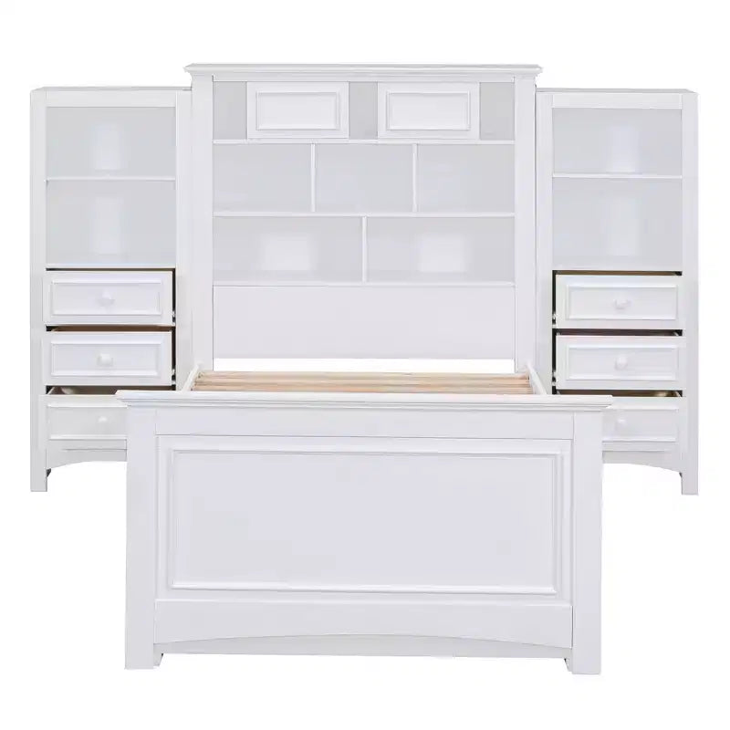 Lit plateforme en bois double avec armoire verticale tout-en-un et 4 tiroirs de chaque côté Blanc