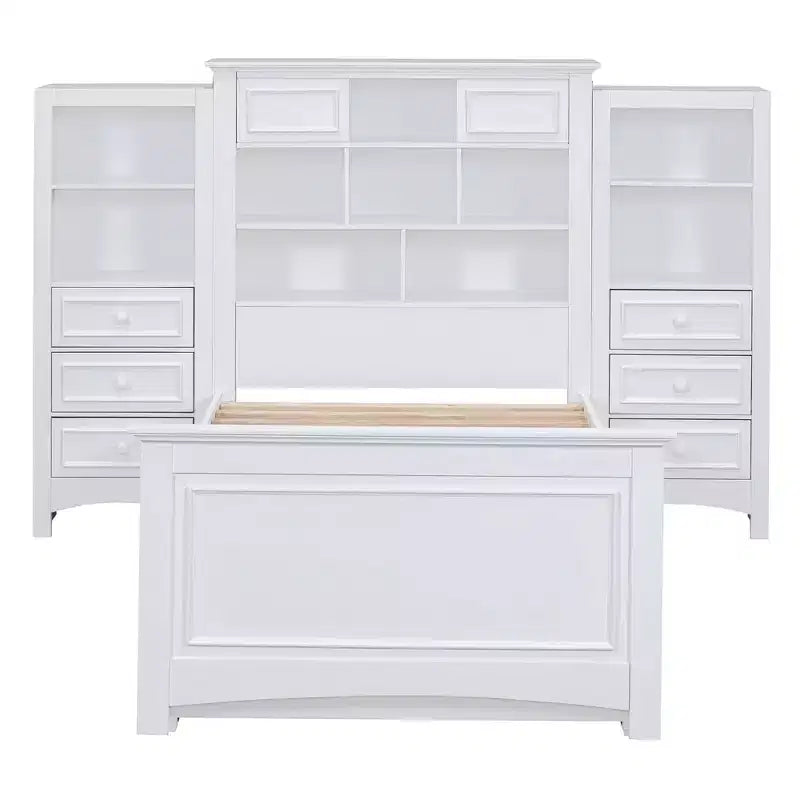 Lit plateforme en bois double avec armoire verticale tout-en-un et 4 tiroirs de chaque côté Blanc