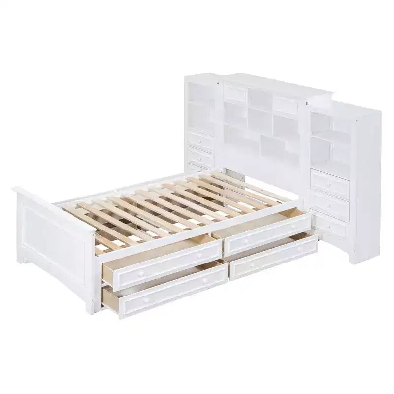 Lit plateforme en bois double avec armoire verticale tout-en-un et 4 tiroirs de chaque côté Blanc