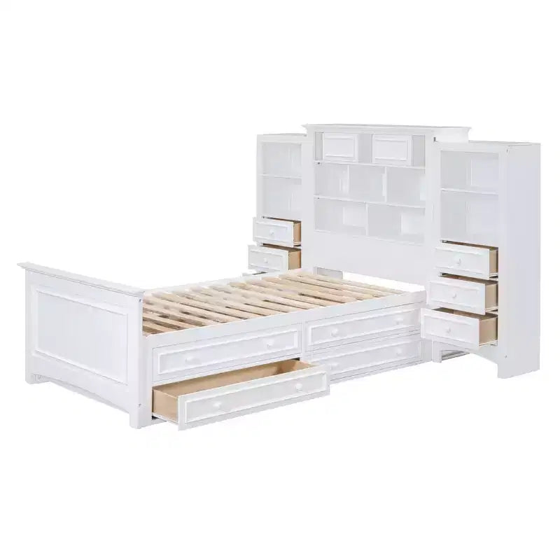 Lit plateforme en bois double avec armoire verticale tout-en-un et 4 tiroirs de chaque côté Blanc