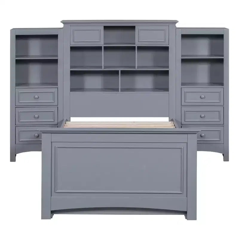Lit plateforme en bois double avec armoire verticale tout-en-un et 4 tiroirs de chaque côté Blanc