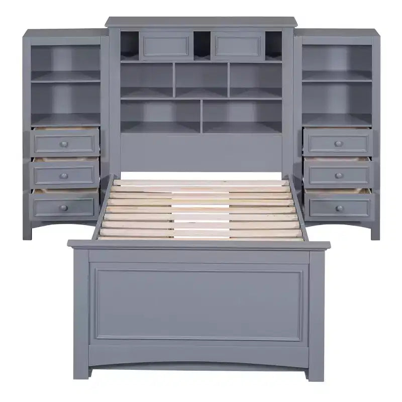 Lit plateforme en bois double avec armoire verticale tout-en-un et 4 tiroirs de chaque côté Blanc