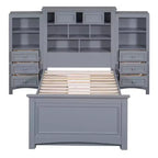 Lit plateforme en bois double avec armoire verticale tout-en-un et 4 tiroirs de chaque côté Blanc