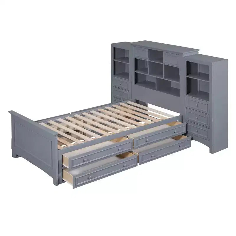 Lit plateforme en bois double avec armoire verticale tout-en-un et 4 tiroirs de chaque côté Blanc