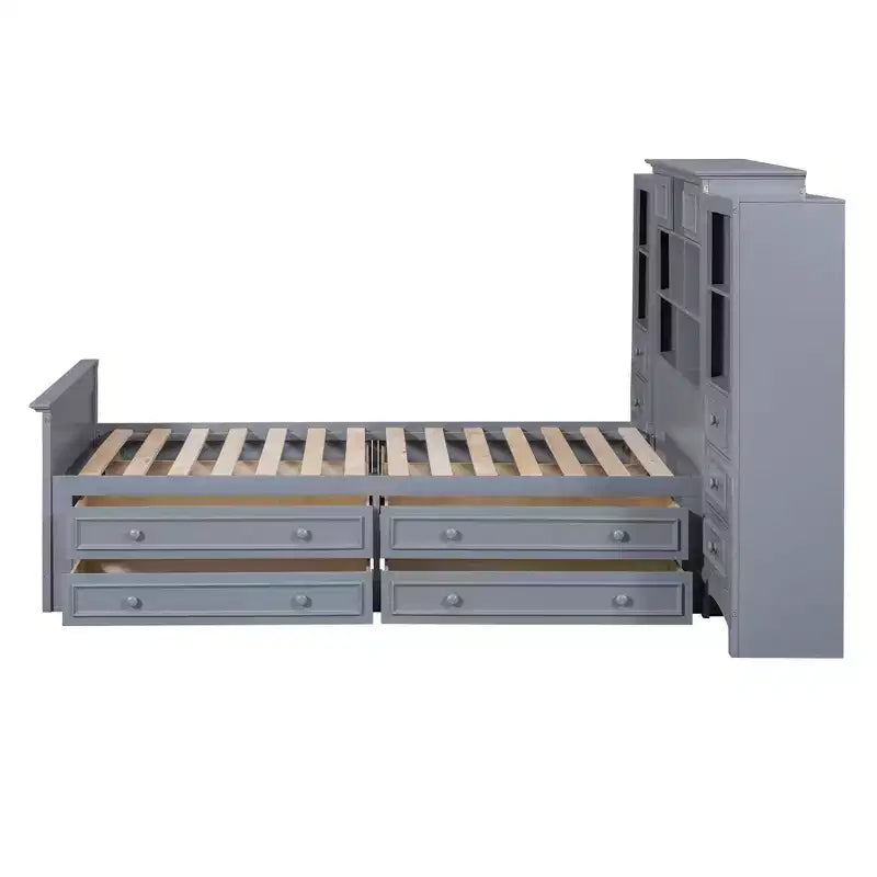 Lit plateforme en bois double avec armoire verticale tout-en-un et 4 tiroirs de chaque côté Blanc