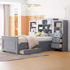 Lit plateforme en bois double avec armoire verticale tout-en-un et 4 tiroirs de chaque côté Blanc