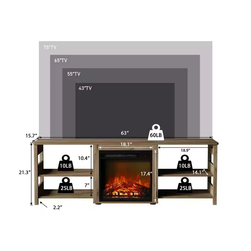 Meuble TV avec cheminée intégrée pour téléviseurs jusqu'à 75 pouces avec étagères de rangement