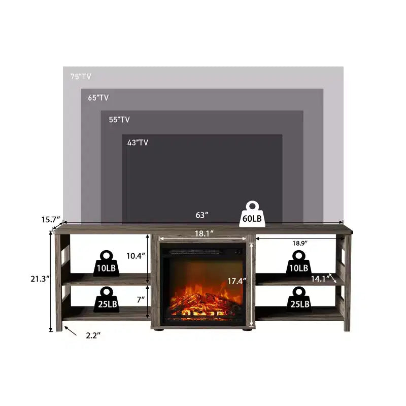 Meuble TV avec cheminée intégrée pour téléviseurs jusqu'à 75 pouces avec étagères de rangement