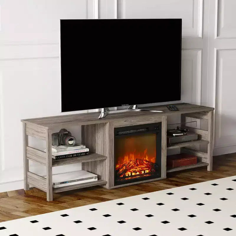 Meuble TV avec cheminée intégrée pour téléviseurs jusqu'à 75 pouces avec étagères de rangement