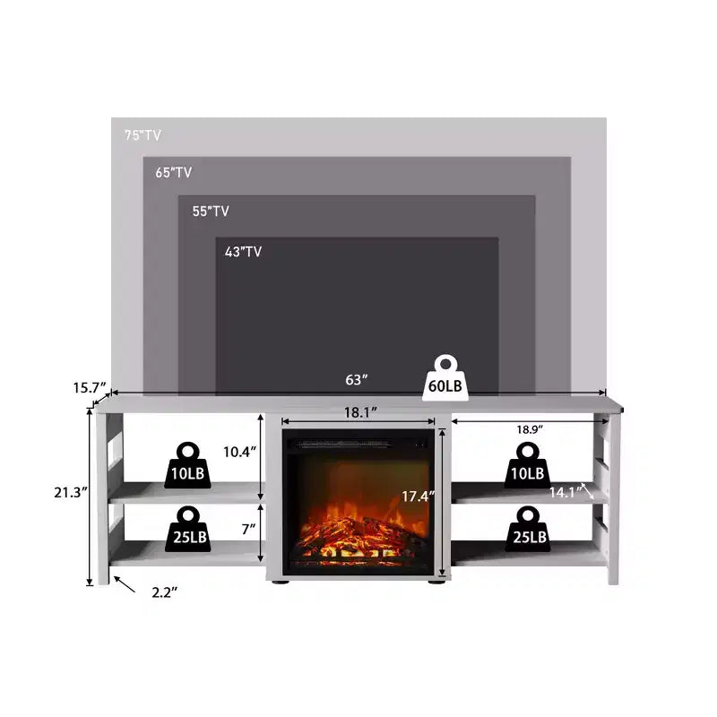 Meuble TV avec cheminée intégrée pour téléviseurs jusqu'à 75 pouces avec étagères de rangement