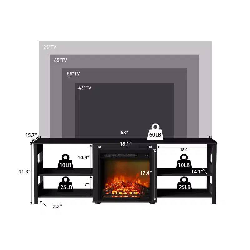 Meuble TV avec cheminée intégrée pour téléviseurs jusqu'à 75 pouces avec étagères de rangement