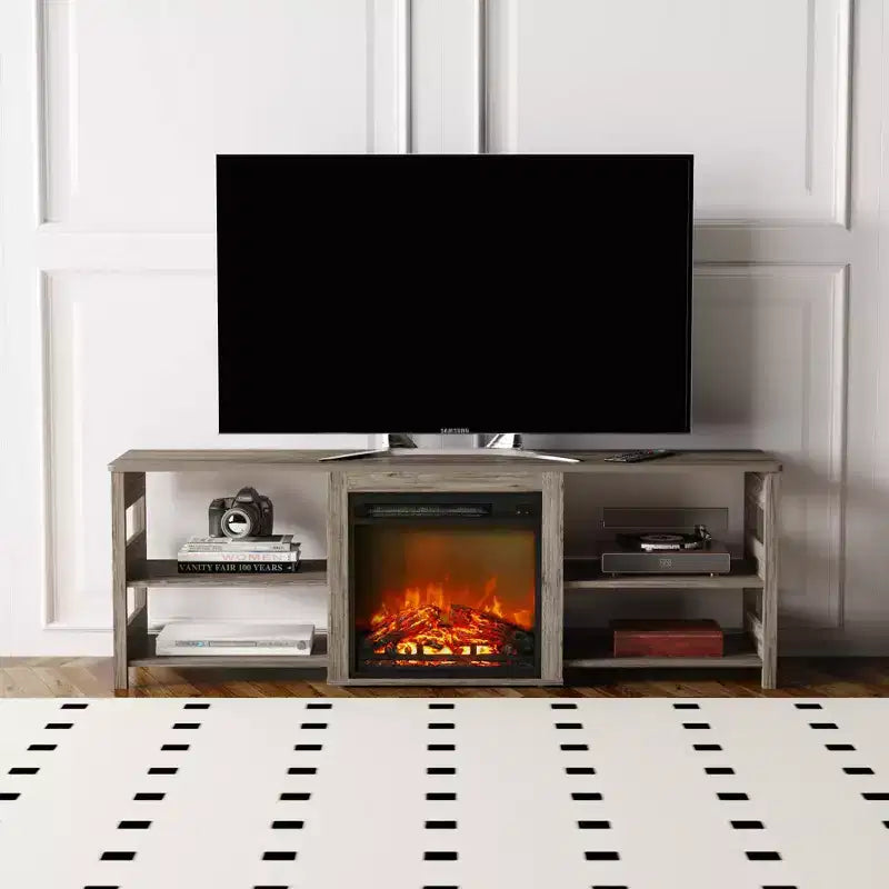 Meuble TV avec cheminée intégrée pour téléviseurs jusqu'à 75 pouces avec étagères de rangement