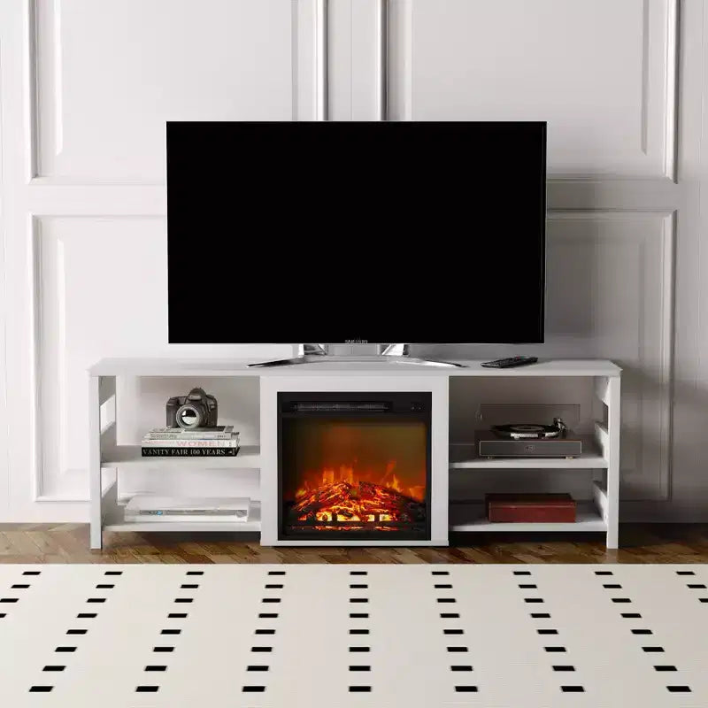 Meuble TV avec cheminée intégrée pour téléviseurs jusqu'à 75 pouces avec étagères de rangement