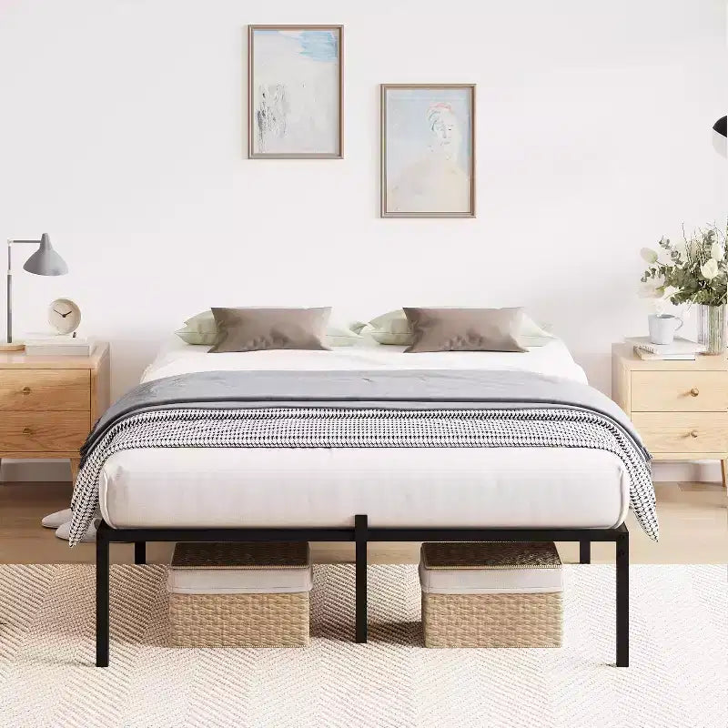 Cadre de lit double en métal avec rangement, support à lattes en acier robuste, capacité de 450 kg, sommier tapissier non requis, noir 40 cm
