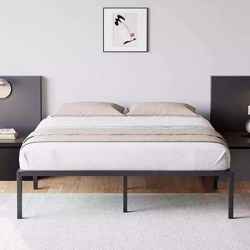Cadre de lit double en métal avec rangement, support à lattes en acier robuste, capacité de 450 kg, sommier tapissier non requis, noir 40 cm