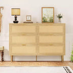 Commode à 6 tiroirs en rotin, commode moderne avec pieds et poignées, commode double large avec dispositif anti-basculement pour chambre à coucher, salon