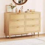Commode à 6 tiroirs en rotin, commode moderne avec pieds et poignées, commode double large avec dispositif anti-basculement pour chambre à coucher, salon
