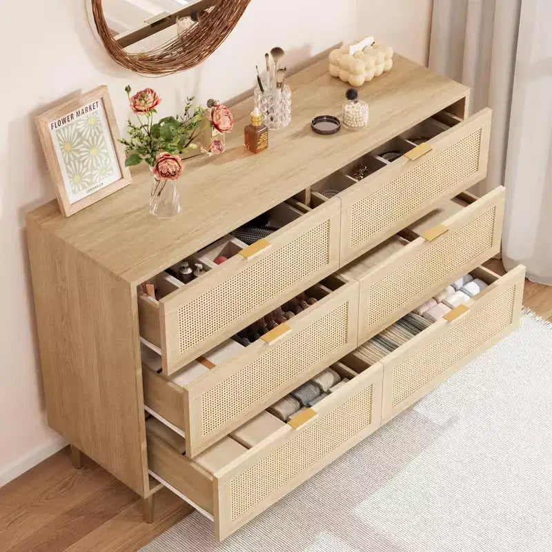 Commode à 6 tiroirs en rotin, commode moderne avec pieds et poignées, commode double large avec dispositif anti-basculement pour chambre, salon