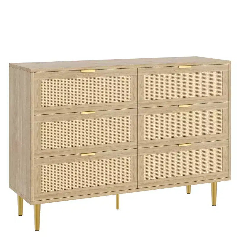 Commode à 6 tiroirs en rotin, commode moderne avec pieds et poignées, commode double large avec dispositif anti-basculement pour chambre, salon