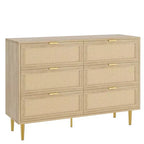 Commode à 6 tiroirs en rotin, commode moderne avec pieds et poignées, commode double large avec dispositif anti-basculement pour chambre à coucher, salon