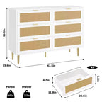 Commode à 6 tiroirs en rotin, commode moderne avec pieds et poignées, commode double large avec dispositif anti-basculement pour chambre à coucher, salon