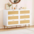 Commode à 6 tiroirs en rotin, commode moderne avec pieds et poignées, commode double large avec dispositif anti-basculement pour chambre à coucher, salon