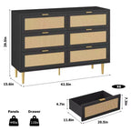Commode à 6 tiroirs en rotin, commode moderne avec pieds et poignées, commode double large avec dispositif anti-basculement pour chambre à coucher, salon