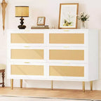 Commode à 6 tiroirs en rotin, commode moderne avec pieds et poignées, commode double large avec dispositif anti-basculement pour chambre à coucher, salon