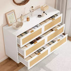 Commode à 6 tiroirs en rotin, commode moderne avec pieds et poignées, commode double large avec dispositif anti-basculement pour chambre à coucher, salon