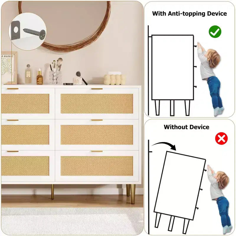 Commode à 6 tiroirs en rotin, commode moderne avec pieds et poignées, commode double large avec dispositif anti-basculement pour chambre, salon