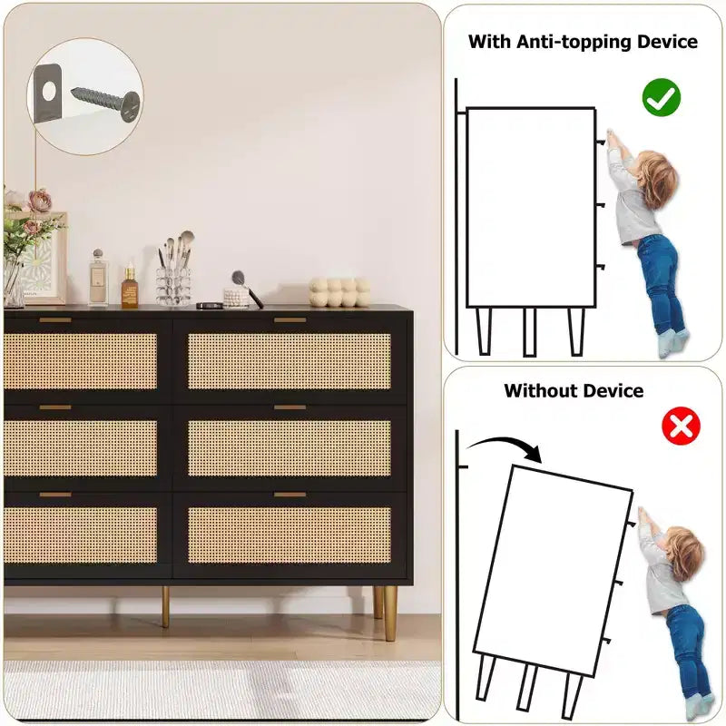 Commode à 6 tiroirs en rotin, commode moderne avec pieds et poignées, commode double large avec dispositif anti-basculement pour chambre, salon