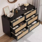 Commode à 6 tiroirs en rotin, commode moderne avec pieds et poignées, commode double large avec dispositif anti-basculement pour chambre à coucher, salon