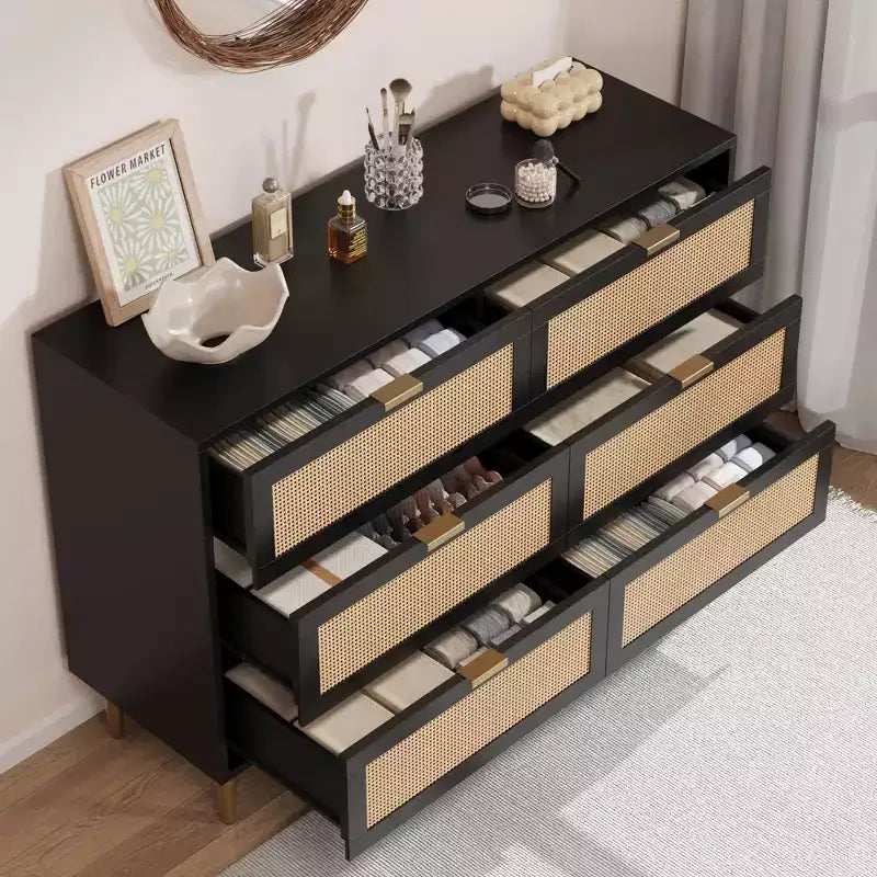 Commode à 6 tiroirs en rotin, commode moderne avec pieds et poignées, commode double large avec dispositif anti-basculement pour chambre, salon