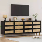 Commode à 6 tiroirs en rotin, commode moderne avec pieds et poignées, commode double large avec dispositif anti-basculement pour chambre à coucher, salon