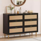 Commode à 6 tiroirs en rotin, commode moderne avec pieds et poignées, commode double large avec dispositif anti-basculement pour chambre à coucher, salon