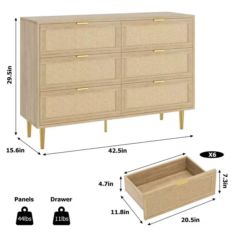 Commode à 6 tiroirs en rotin, commode moderne avec pieds et poignées, commode double large avec dispositif anti-basculement pour chambre, salon
