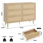 Commode à 6 tiroirs en rotin, commode moderne avec pieds et poignées, commode double large avec dispositif anti-basculement pour chambre à coucher, salon