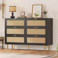 Rattan 6 Drawer Dresser, Modern Chest of Drawers with Legs & Handles, Wide Double Dresser with Anti-Tipping Design for Bedroom, Living Room