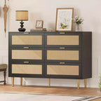 Rattan 6 Drawer Dresser, Modern Chest of Drawers with Legs & Handles, Wide Double Dresser with Anti-Tipping Design for Bedroom, Living Room