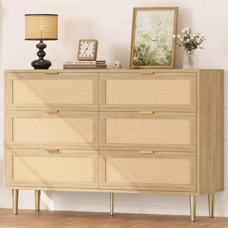 Commode à 6 tiroirs en rotin, commode moderne avec pieds et poignées, commode double large avec dispositif anti-basculement pour chambre, salon