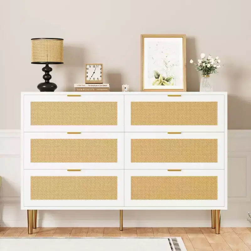 Commode à 6 tiroirs en rotin, commode moderne avec pieds et poignées, commode double large avec dispositif anti-basculement pour chambre, salon