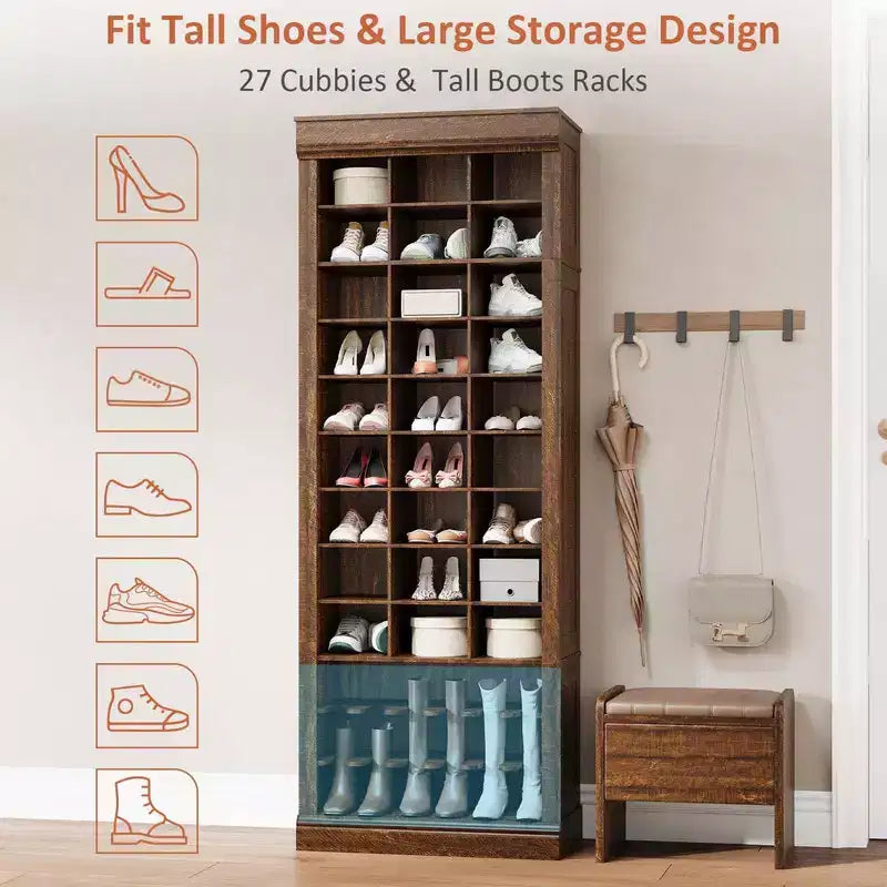 Meuble à chaussures avec 27 casiers, organisateur de rangement de chaussures haut à 10 niveaux avec espace pour bottes, étagère à chaussures autoportante pour entrée, couloir, placard